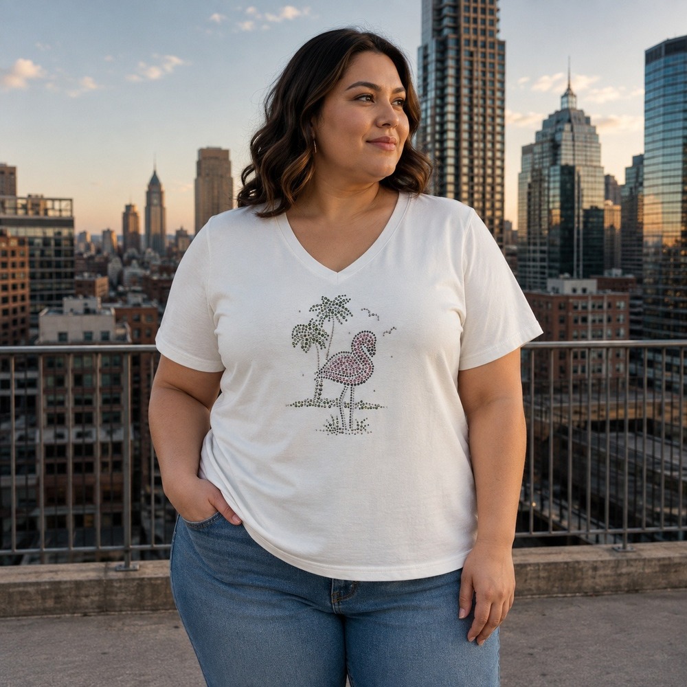 Christine Alexander Flamingo Rhinestone V-Neck T-Shirt White Tropical Large